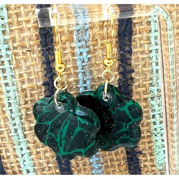 Artisan Green & Black Swirl Flower Dangle Earrings 1.75" Length - Picture 1 of 2
